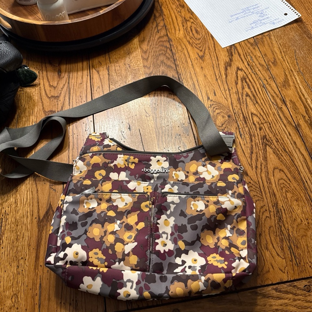 Baggallini Brown and Yellow Crossbody Bag with Floral Design